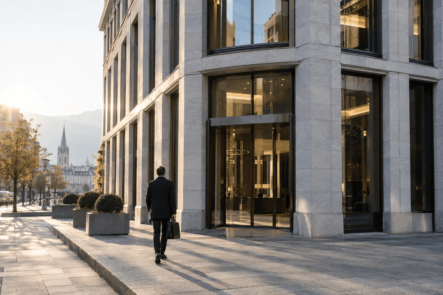 Edificio finanziario in pietra e vetro illuminato dalla luce del mattino.