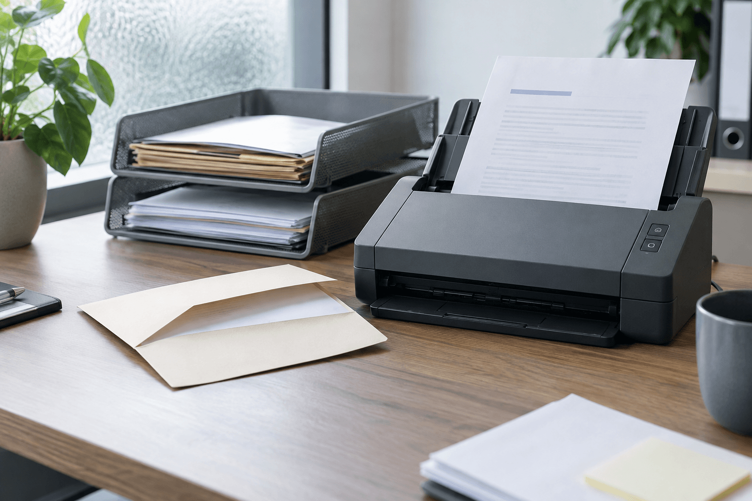 Scanner da ufficio, busta aperta e vaschette con documenti archiviati.