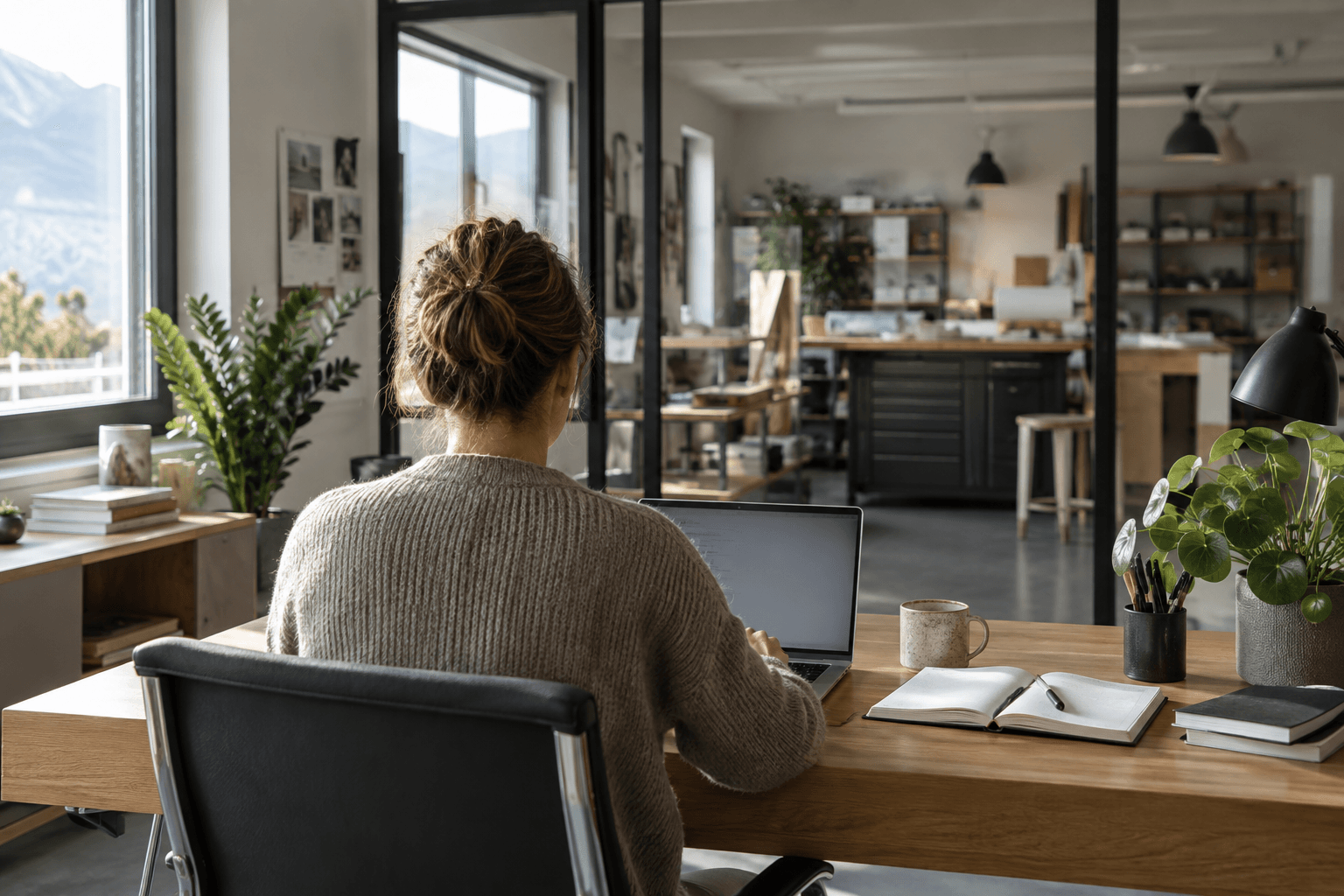 Imprenditrice ripresa di spalle al computer in un ufficio affacciato su un laboratorio.