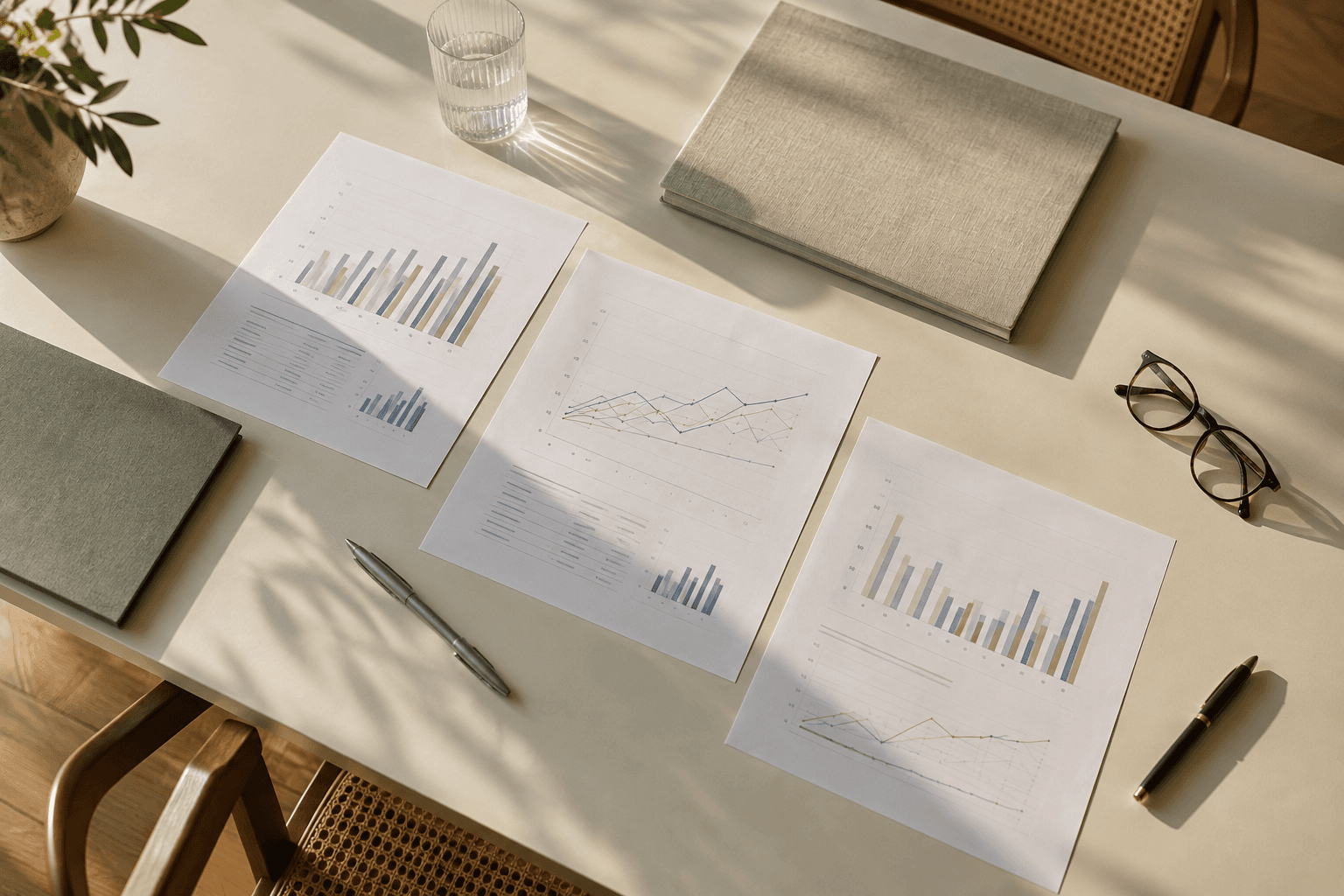 Prospetti finanziari, grafici e cartelle ordinati su un tavolo da riunione.