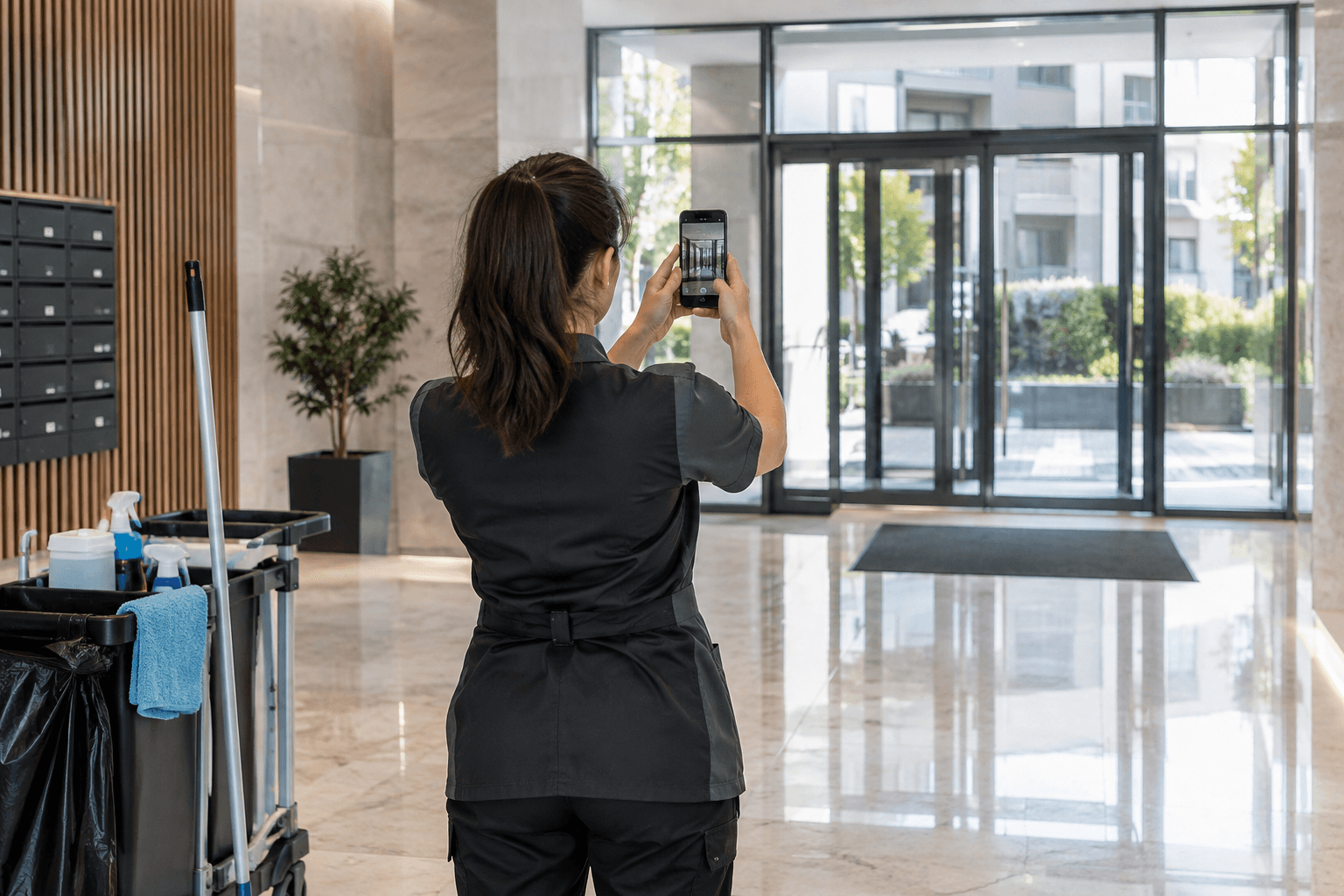 Addetta alle pulizie ripresa di spalle mentre fotografa il lavoro concluso in un ingresso condominiale.